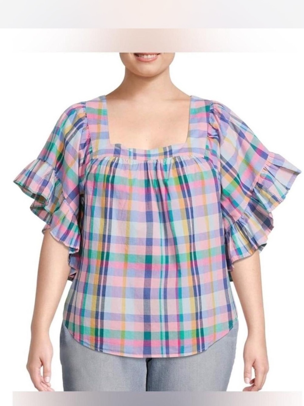 Terra & Sky Plaid Square Neck Ruffle Sleeve Cotton Blouse 4X